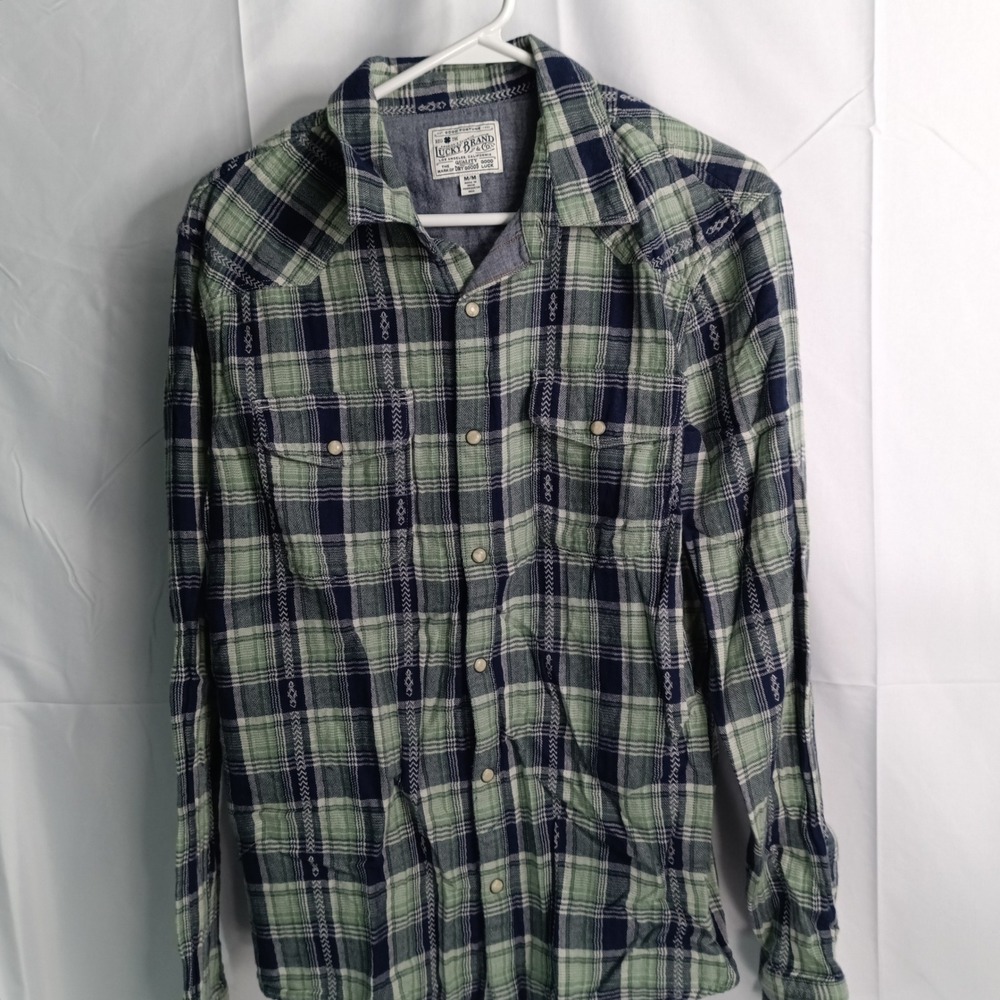 Lucky Brand Mens Medium Green Navy Plaid Western Pearl Snap Long Sleeve Shirt